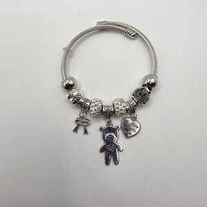 Silver Tone Teddy Bear Heart Bow Cable Wire Charm Bangle Bracelet Love You More